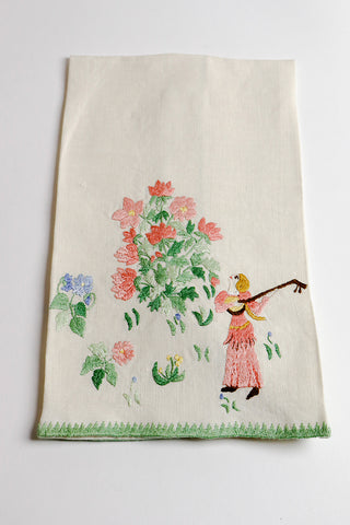 Baroness Rapisardi Florence Hand Embroidered Vintage Guest Towel with Florals and Figural Lady