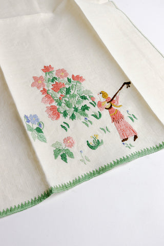 Baroness Rapisardi Florence Hand Embroidered Vintage Guest Towel with Lady Playing Musical Instrument