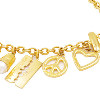 1990s Vintage Moschino Gold Chain Belt w Razor Blade Gold Heart Peace Sign & Pearls