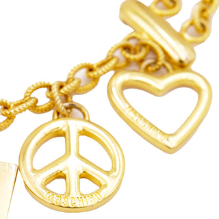 1990s Vintage Moschino Gold Chain Belt w Branded Razor Blade Heart Peace Sign & Pearls