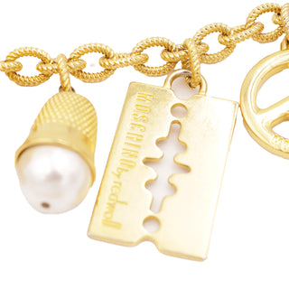 1990s Vintage Moschino Gold Chain Belt w Branded Moschino Razor Blade Heart Peace Sign & Pearls