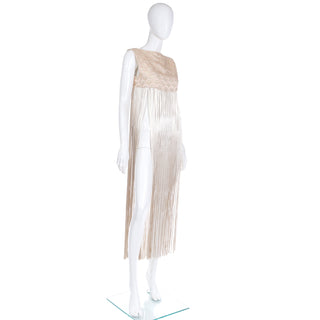 1970s Silky Soft Gold Long Vest With Fringe & Fish Scale Embroidery & Mesh
