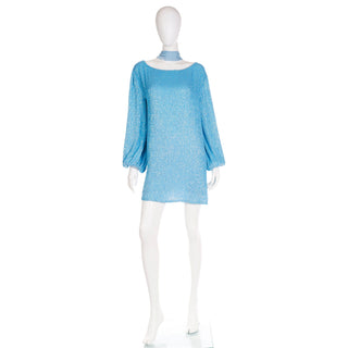 Deadstock Retrofete Blue Sequins Mini Dress or Tunic With Sash Belt
