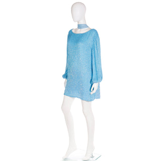 Deadstock Retrofete Blue Sequin Mini Dress or Tunic With Sash Belt S/M