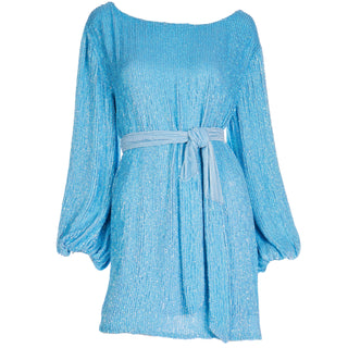 Deadstock Retrofete Blue Sequin Mini Dress or Tunic W Sash Belt or scarf