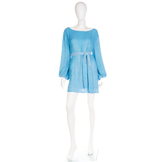 Deadstock Retrofete Blue Sequin Mini Dress or Tunic With Sash Belt M