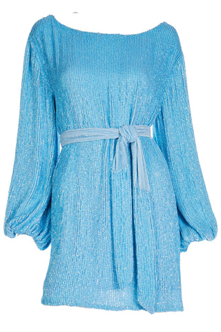 Deadstock Retrofete Blue Sequin Mini Dress or Tunic With Sash Belt