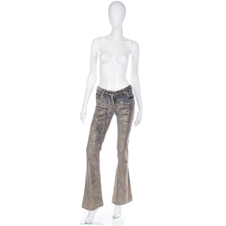 2000s Roberto Cavalli Gold Painted Grey Stretch Cotton Velvet Low RiseJeans