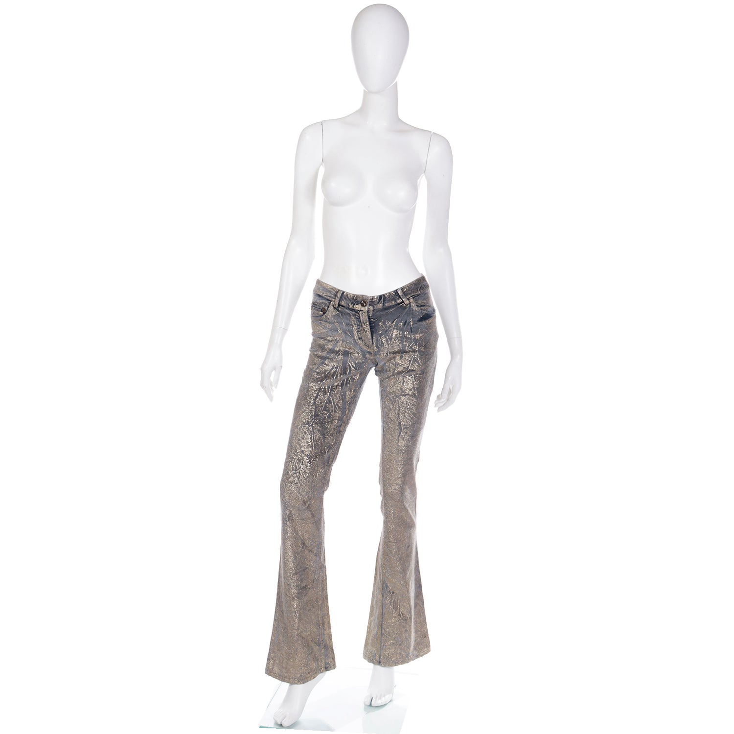 Roberto Cavalli Tan Low-rise Bootcut Pants w/ Gold Rhinestone Plate on Pocket