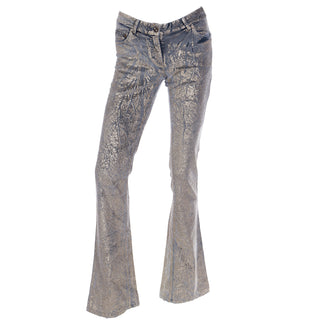 2000s Roberto Cavalli Gold Painted Grey Stretch Cotton Velvet Jeans SZ 40