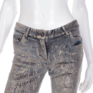 2000s Roberto Cavalli Gold Painted Grey Stretch Cotton Velvet Jeans w RC logo