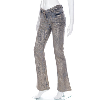 2000s Roberto Cavalli Gold Painted Grey Stretch Velvet Jeans