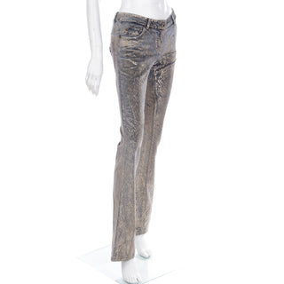 2000s Roberto Cavalli Gold Painted Grey Stretch Cotton Velvet Designer Jeans