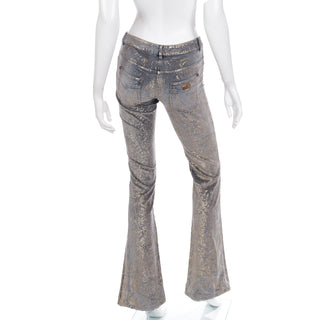 2000s Roberto Cavalli Gold Painted Grey Velvet Jeans