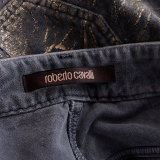 2000s Roberto Cavalli Gold Painted Grey Stretch Cotton Velvet Jeans size 40