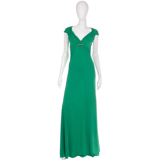2000s Roberto Cavalli Deadstock Green Evening Dress w Brooch & Open Back & Tags Attached