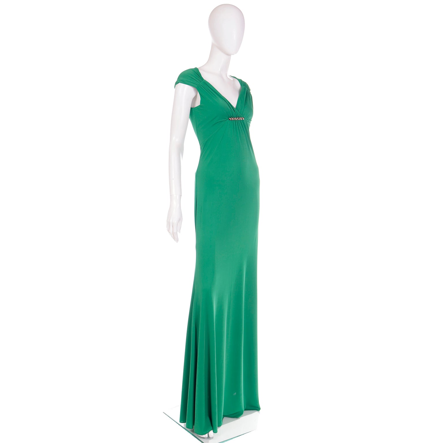 Roberto Cavalli Green Jersey Dress w Black & Gold Brooch & Open Back Modig Roberto Cavalli Green Jersey Dress w Black & Gold Brooch & Open Back Modig