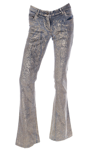 2000s Roberto Cavalli Gold Painted Grey Stretch Cotton Velvet Jeans