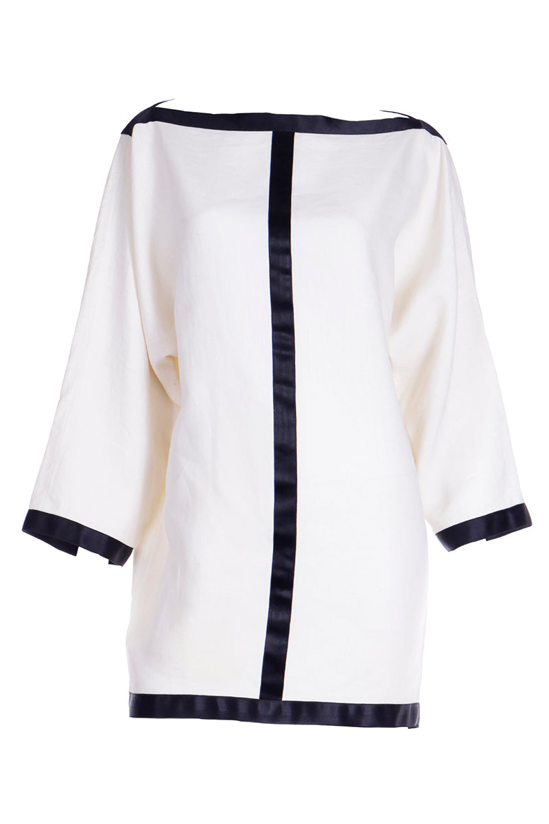 white linen dress with black trim Linen Summer Dress with Lace Trim | Relaxed Fit Dress