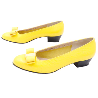 1980s Salvatore Ferragamo Yellow Snakeskin Embossed Leather Bow Shoes with box