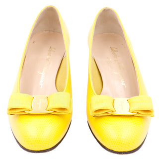 1980s Salvatore Ferragamo Yellow Snakeskin Embossed Leather Bow Shoes 6.5