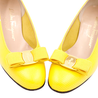 1980s Salvatore Ferragamo Yellow Snakeskin Embossed Leather Bow Shoes Italy