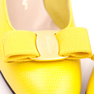 1980s Salvatore Ferragamo Yellow Snakeskin Embossed Leather Shoes  with bows