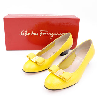 Vintage 1980s Salvatore Ferragamo Yellow Snakeskin Embossed Leather Bow Shoes
