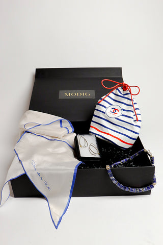 San Tropez vintage gift set for her including Chanel promotional drawstring bag, Oscar de la Renta silk scarf, and sterling silver earrings and necklace with lapis