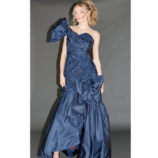 1980s Scaasi Evening Gown Dramatic Pleated Vintage Blue Taffeta Dress W Bows