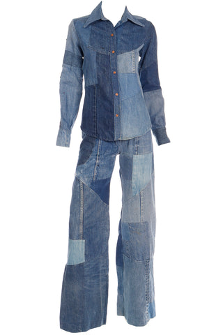 1970s Vintage Simis Multi Wash Patchwork Denim Jeans & Shirt Outfit