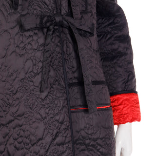 1980s Sonia Rykiel Vintage Reversible Quilted Red & Black Coat W Hood with Ties in Front