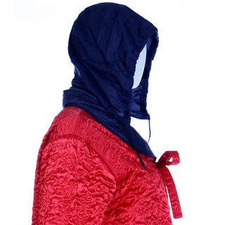 1980s Sonia Rykiel Vintage Reversible Quilted Red & Black Coat W Hood Tie Front