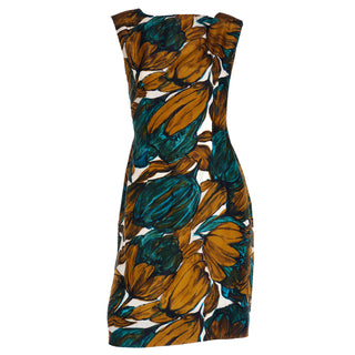Floral 1960s Suzy Perette Blue Green & Copper Brown Sleeveless Silk Dress