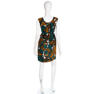 1960s Suzy Perette Blue Green & Copper Brown Sleeveless Silk Dress with bow