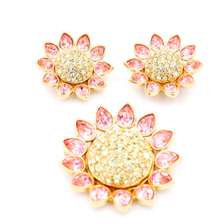Vintage 1990s Swarovski Crystal Pink & Yellow Crystal Flower Brooch & Earrings Set
