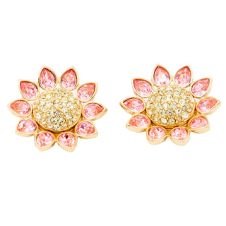 1990s Swarovski Crystal Pink & Yellow Crystal Flower Brooch & Earrings Set Gold plated