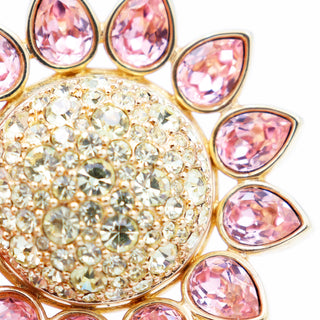 Gold Plate 1990s Swarovski Crystal Pink & Yellow Crystal Flower Brooch & Earrings Set