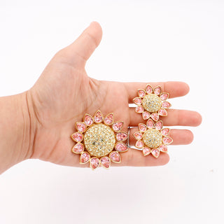 1990s Swarovski Crystal Pink & Yellow Crystal Flower Brooch & Earrings Set 3 pc
