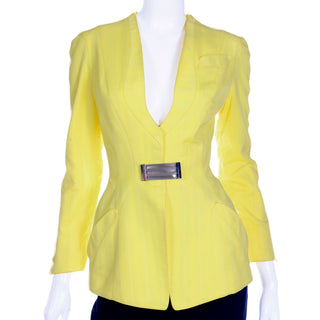 1990s Thierry Mugler Vintage Yellow Jacket and Black Pencil Skirt Suit France