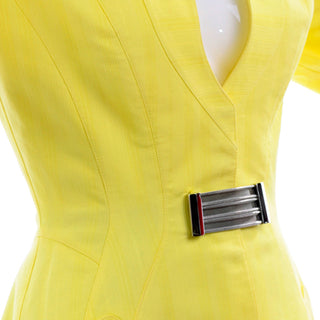1990s Thierry Mugler Vintage Yellow Jacket with Buckle and Black Pencil Skirt Suit