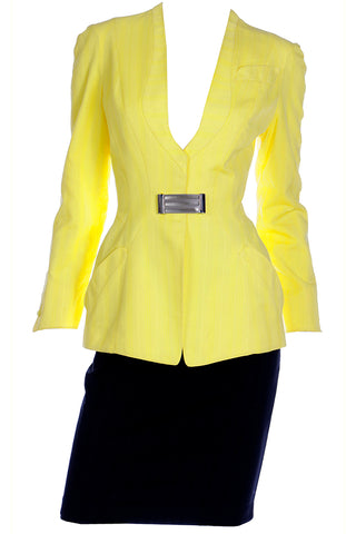 1990s Thierry Mugler Vintage Yellow Jacket and Black Pencil Skirt Suit