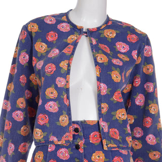 Vintage 1980s Ungaro Floral Denim Jacket and Mini Skirt 2 Piece Suit