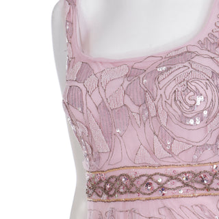 2000s Rose Pink Emanuel Ungaro Beaded Sequin Net Overlay Silk Mini Dress in a rose pattern