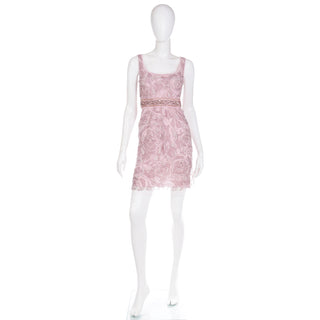 2000s Rose Pink Emanuel Ungaro Beaded Sequin Net Overlay Silk Mini Dress w Crystals