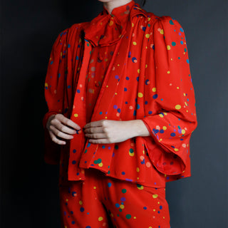 S/S 1979 Valentino Couture 3pc Red Polka Dot Silk Pants Shirt & Over Blouse Jacket
