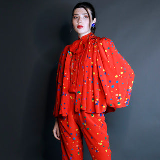 S/S 1979 Valentino Couture 3pc Red Polka Dot Silk Pants Blouse & Jacket Magazine Featured