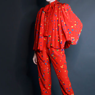 S/S 1979 Valentino Couture 3pc Red Polka Dot Silk Pants Blouse & Jacket w Pleats