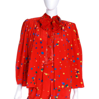 S/S 1979 Valentino Couture Red Silk with Multi Colored Polka Dot Ensemble with Large Bow