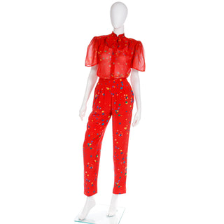 S/S 1979 Valentino Couture Red Silk with Multi Colored Polka Dot Ensemble with Short Sleeve Blouse